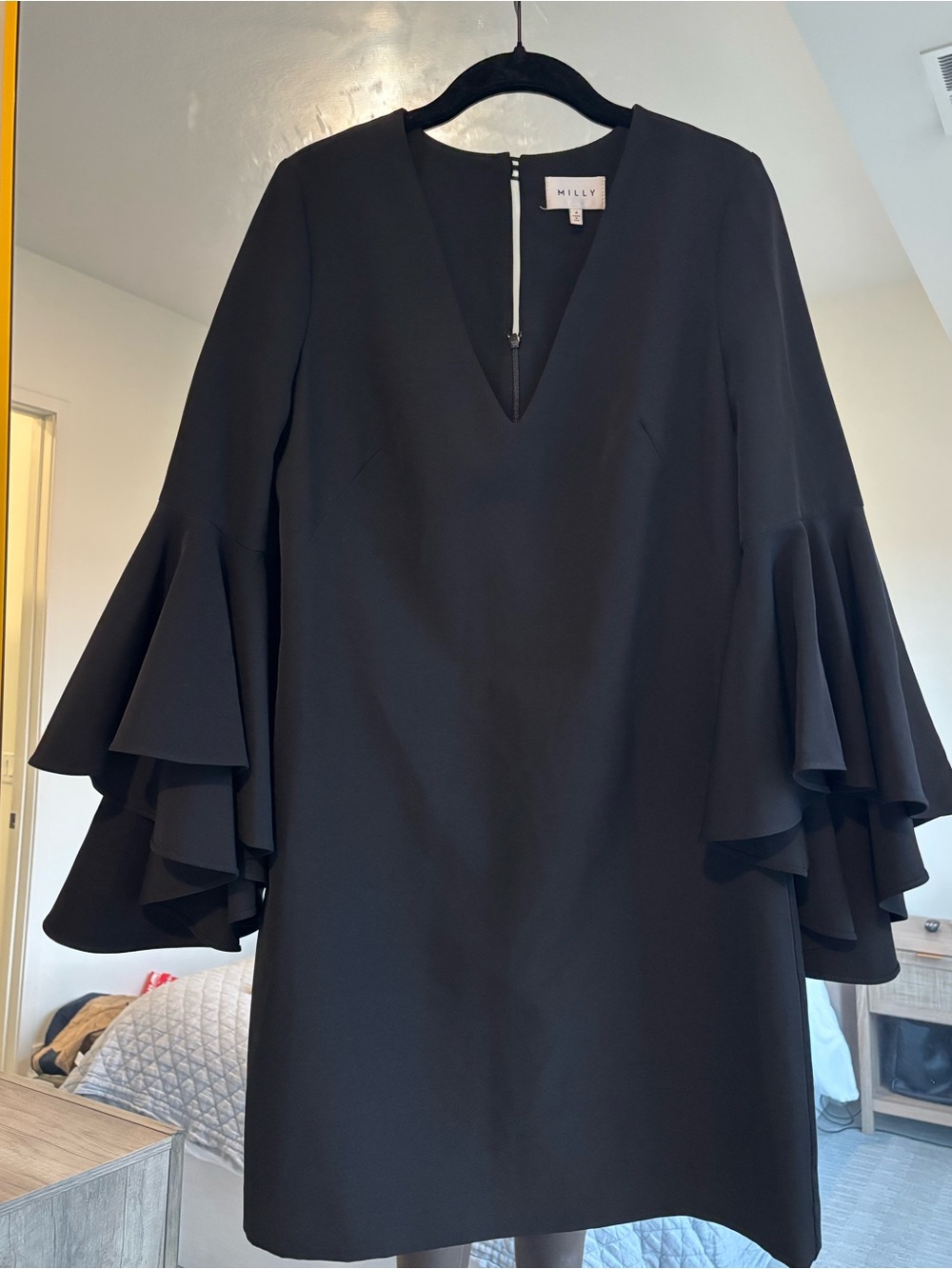 Milly Black V-Neck Layered Ruffle Sleeve Mini Dress
